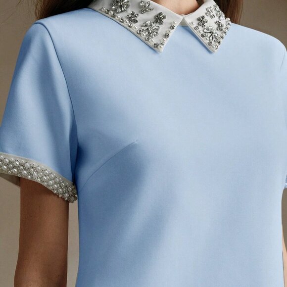 Blue Elegant Women's Colorblock Collared Faux Pearl Decor Straight Dress - Picture 3 of 7